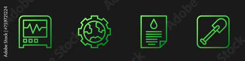 Set line Oil drop document, Seismograph, Gear wheels and earth and Shovel. Gradient color icons. Vector