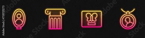 Set line Butterfly in a frame, Portrait picture museum, Ancient column and Locket on necklace. Glowing neon icon. Vector