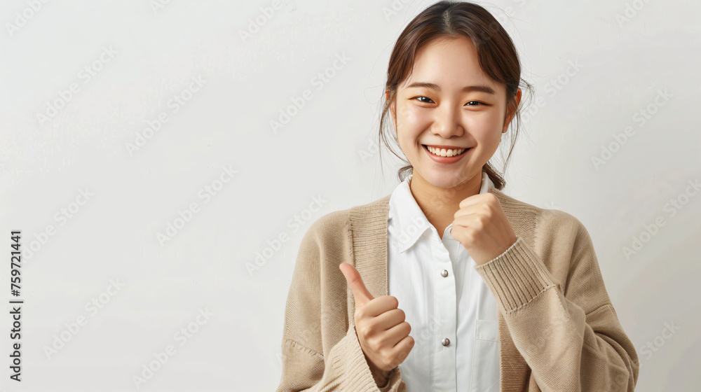 Happy smiling young Asian female teacher in a cardigan and white shirt Happy smiling young Asian female teacher in a cardigan and white shirt