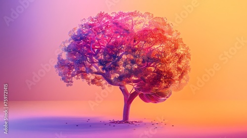 Fantasy tree with intertwined roots glowing in pink and orange hues on a dreamy background