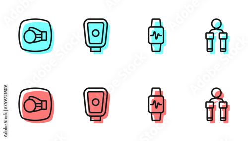 Set line Smart watch with heart, Boxing glove, training paws and Jump rope icon. Vector