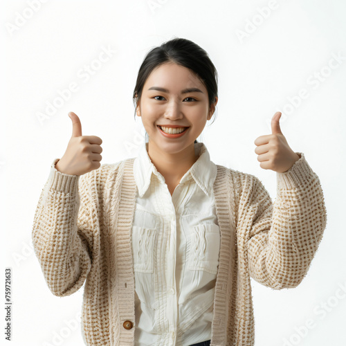 Happy smiling young Asian female teacher in a cardigan and white shirt