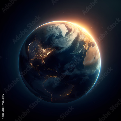  Earth Hour, depicting the planet Earth enveloped in darkness with a single illuminated light source, generative ai