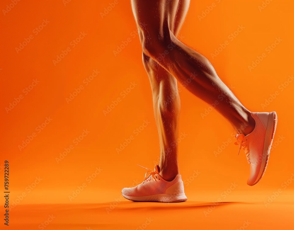 Sportive muscled man, professional runner running away on yellow background in neon light. Sport, fitness, competition, speed and active lifestyle. Copy space for ad. Sunset