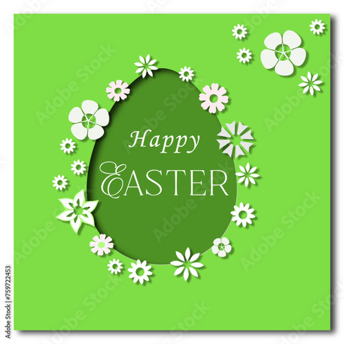 Happy Easter, paper cut card with flowers. Vector illustration.	
