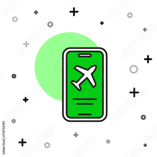 Filled outline Smartphone with electronic boarding pass airline ticket icon isolated on white background. Passenger plane mobile ticket for web and app. Vector