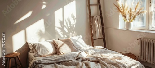 Cozy bed setup in a bright bedroom with decorative wall frame, ladder, and window