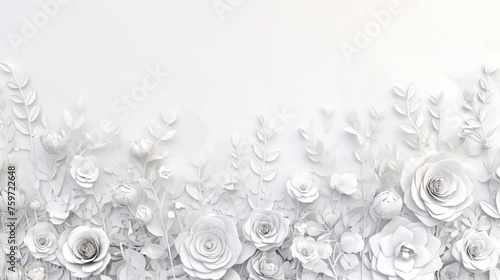Ethereal Beauty. A Monochromatic Symphony of Delicate Paper Roses and Leaves Unfolding in Graceful Harmony
