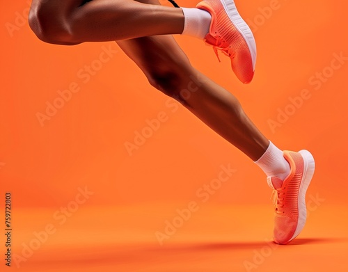Sportive muscled woman, professional runner running away on yellow background in neon light. Sport, fitness, competition, speed and active lifestyle. Copy space for ad. Sunset