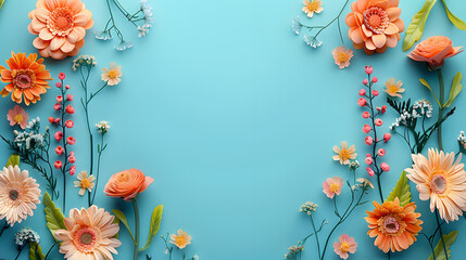 Flowers on blue background with copy space. Abstract natural floral frame layout. Wedding invitation. International Women day, Mother Day concept