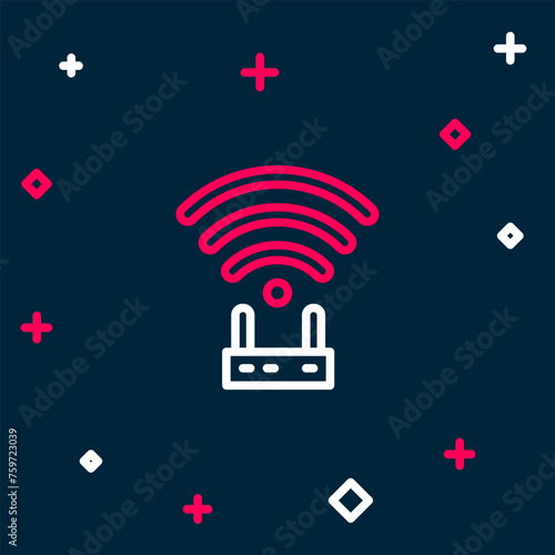 Line Router and wi-fi signal icon isolated on blue background. Wireless ethernet modem router. Computer technology internet. Colorful outline concept. Vector