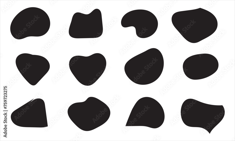Fototapeta premium Random abstract liquid organic black irregular blotch shapes flat style design fluid vector illustration set banner simple Basic shape template for presentation design, flyer, white background.