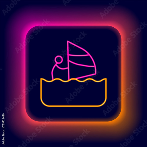 Glowing neon line Windsurfing icon isolated on black background. Colorful outline concept. Vector