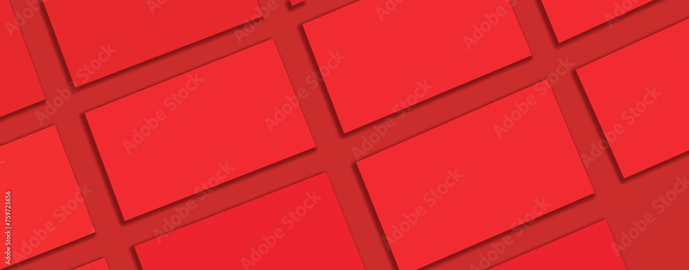 Obraz premium Mockup of horizontal red business cards stacks arranged in rows at red textured paper background. Banner.