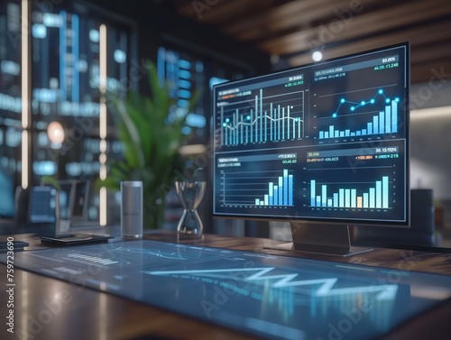 High-tech financial analysis workspace with multiple screens displaying graphs and data.
