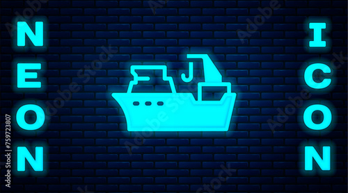 Glowing neon Fishing boat icon isolated on brick wall background. Fishing trawler. Vector