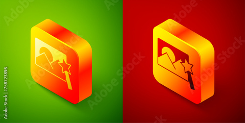 Isometric Photo retouching icon isolated on green and red background. Photographer, photography, retouch icon. Square button. Vector