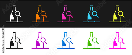 Set Bottle of wine icon isolated on black and white background. Details about wine. Vector