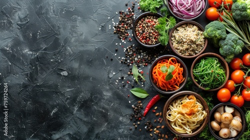 healthy asian food on a gray textured background with copy space