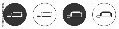 Black Hacksaw icon isolated on white background. Metal saw for wood and metal. Circle button. Vector