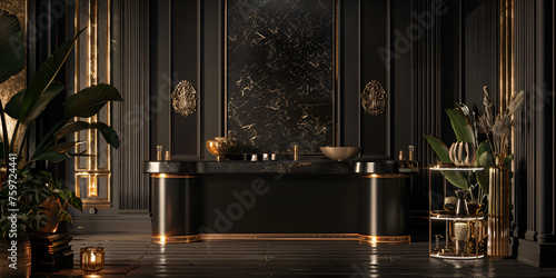  Luxury elegance hotel apartment house bathroom architecture design bathtub marble décor style room 3D rendering of a luxury hotel reception desk with a gold and black theme.