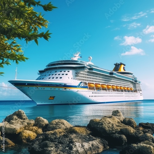 Cruise ship front view at sea - endless ocean, no land - travel adventure concept
