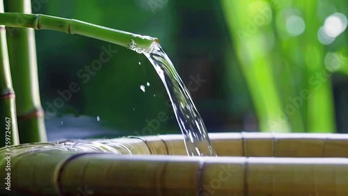 Spa with water flowing, bamboo pipes, green lotus .Water flowing of bamboo in traditional Japanese garden. nature background. Fresh water flowing and dripping from a bamboo pipe fauced in garden. photo