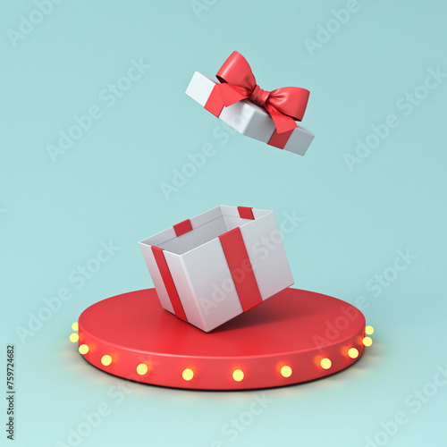 Blank present box or open gift box with red ribbon and bow on red podium pedestal or platform with glowing retro neon light bulbs on light blue pastel color background minimal concept 3D rendering