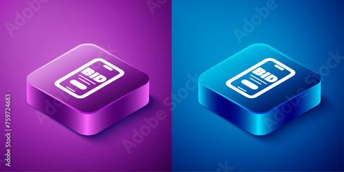 Isometric Online auction icon isolated on blue and purple background. Bid sign. Auction bidding. Sale and buyers. Square button. Vector