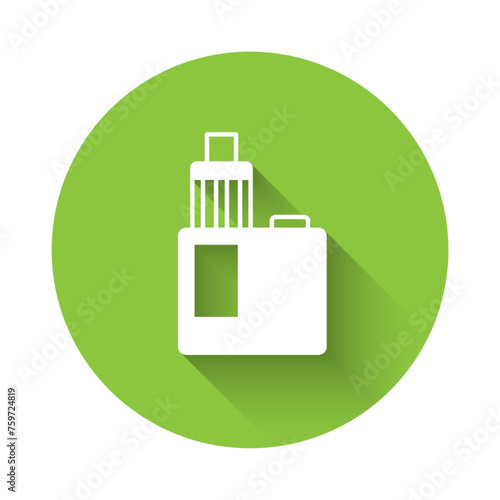 White Vape mod device icon isolated with long shadow background. Vape smoking tool. Vaporizer Device. Green circle button. Vector