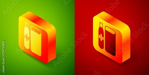 Isometric Electronic cigarette icon isolated on green and red background. Vape smoking tool. Vaporizer Device. Square button. Vector