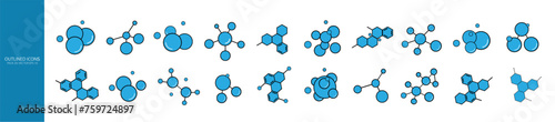 A set of molecules, chemical compounds and atoms in blue on a white background. Icons of molecules for scientific research in the fields of medicine, chemistry and biology. Vector illustration.