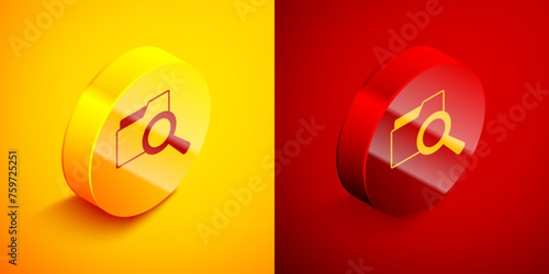 Isometric Search concept with folder icon isolated on orange and red background. Magnifying glass and document. Data and information sign. Circle button. Vector