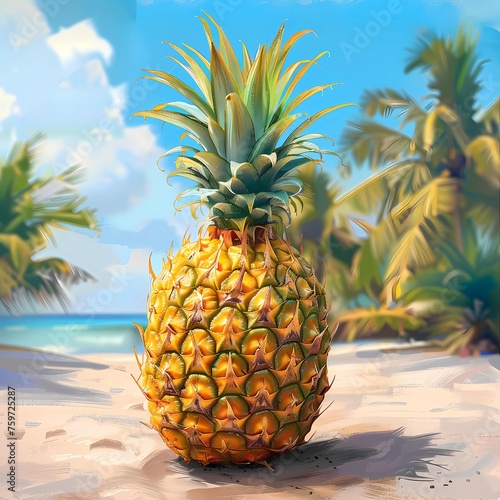 Juicy Pineapple Painting on Beach. 
