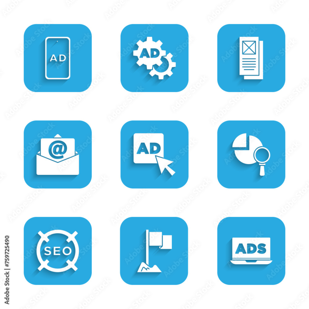 Set Advertising, Location marker, Magnifying glass and analysis, SEO optimization, Mail e-mail, Browser window and icon. Vector Set Advertising, Location marker, Magnifying glass and analysis, SEO optimization, Mail e-mail, Browser window and icon. Vector