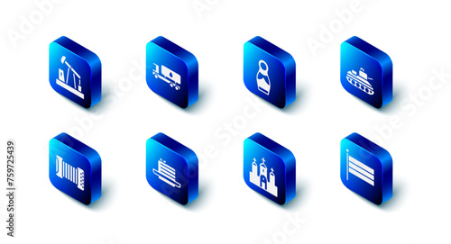 Set Tanker truck, Russian doll matryoshka, Military tank, National flag, Church building, Medovik, Accordion and Oil pump pump jack icon. Vector