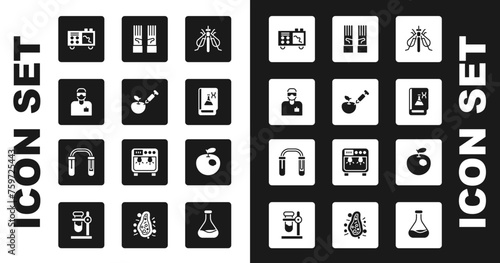 Set Experimental insect, Genetically modified apple, Laboratory assistant, Spectrometer, engineering book, Medical rubber gloves, and Test tube and flask icon. Vector
