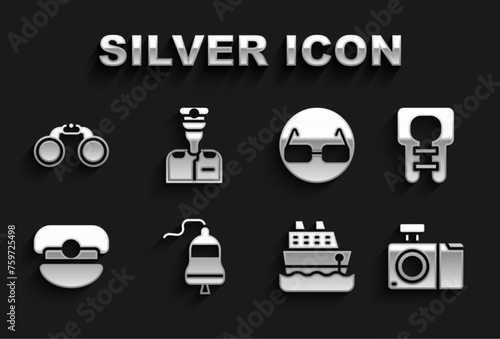 Set Ship bell, Life jacket, Photo camera, Cruise ship, Captain hat, Glasses, Binoculars and of icon. Vector