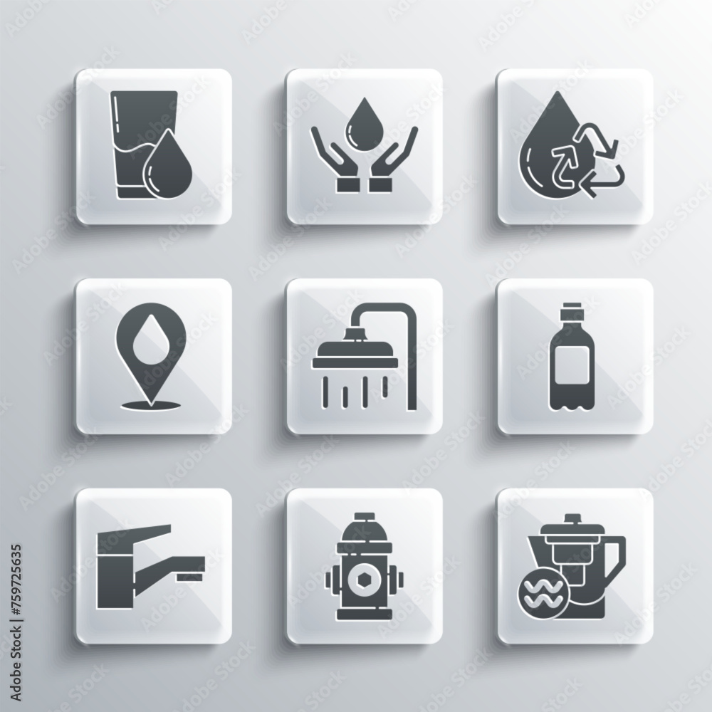 Set Fire hydrant, Water jug with filter, Bottle of water, Shower head, tap, drop location, Glass and Recycle clean aqua icon. Vector