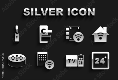 Set Air humidifier, Smart home with wi-fi, Thermostat, Multimedia and TV box receiver, Water sensor, Digital door lock, Electric toothbrush and icon. Vector