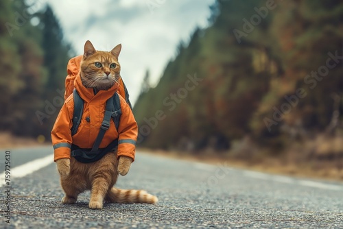 cat in a tourist suit with a backpack behind him on the road