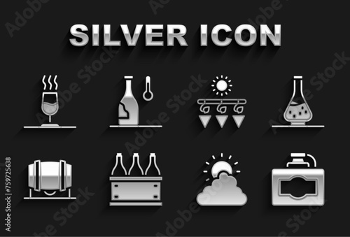 Set Bottles of wine in box, Decanter for, Cardboard, Sun and cloud weather, Wooden barrel, Drying grapes, Wine tasting, degustation and temperature icon. Vector