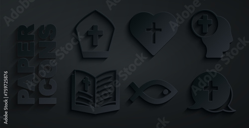 Set Christian fish symbol, Priest, Holy bible book, cross, in heart and Pope hat icon. Vector