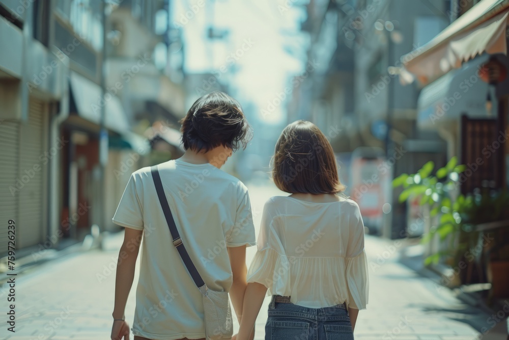 a young guy and a girl are walking down the street.  back view.  space for text or advertising