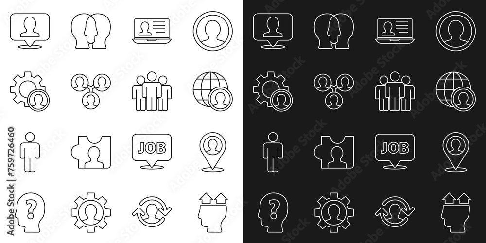 Set line User of man, Location with person, Globe and people, Laptop resume, Project team base, Head hunting, and Users group icon. Vector Set line User of man, Location with person, Globe and people, Laptop resume, Project team base, Head hunting, and Users group icon. Vector