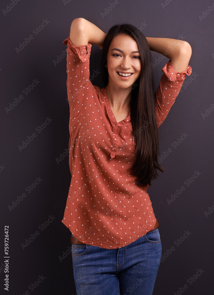 Portrait, fashion and woman in studio background, smile and cool for trendy style. Female model, pride and confidence with happiness, stylish and edgy girl in casual outfit or clothes from mexico Portrait, fashion and woman in studio background, smile and cool for trendy style. Female model, pride and confidence with happiness, stylish and edgy girl in casual outfit or clothes from mexico
