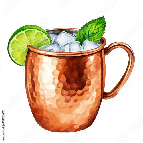 Moscow Mule in a copper mug, watercolor illustration, vector clipart, cut out on white background, drink, travel drink