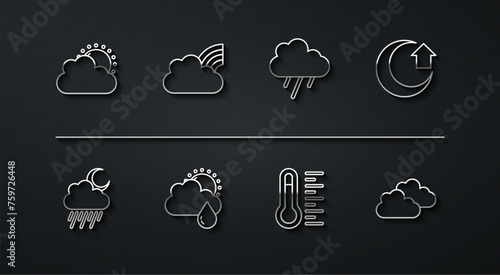 Set line Sun and cloud weather, Cloud with rain moon, Moon, Meteorology thermometer, sun, Rainbow clouds, and icon. Vector