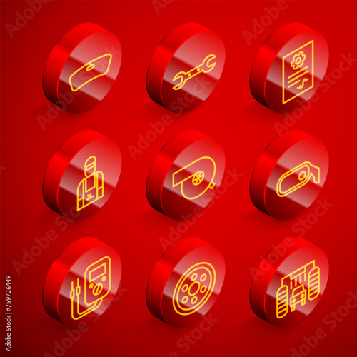 Set line Windshield, Wrench spanner, Auto service check automotive, Car mechanic, Automotive turbocharger, rearview mirror, Multimeter and Alloy wheel icon. Vector