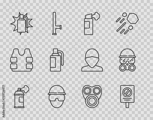 Set line Paint spray can, Protest, Pepper, Special forces soldier, Hand grenade, Gas mask and icon. Vector